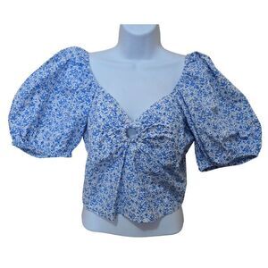 Blue Floral Puff Sleeve Crop Top With Front Cut-Out Detail milkmaid gathered top
